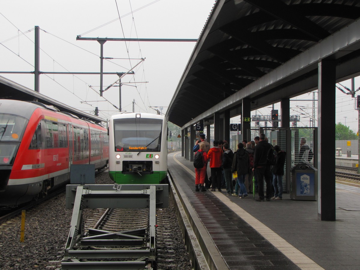 EB VT 001 als 7.  Unstrut-Schrecke-Express  DPE 2100 nach Donndorf (Unstrut), am 01.05.2014 bei der Bereitstellung in Erfurt Hbf.