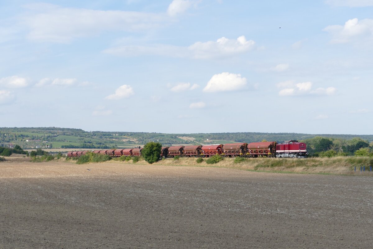 EBS 110 001-5 mit 18 in Karsdorf instand gesetzten Getreidewagen nach Naumburg Hbf, am 04.09.2022 bei Kleinjena. Mit einer E-Lok der BR 156 wurden sie dann weiter nach Hamburg gebracht. (Foto: Wolfgang Krolop)