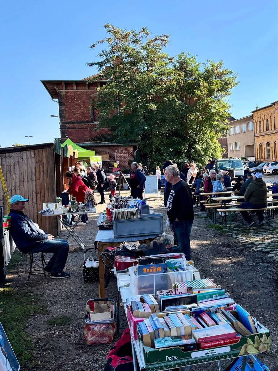 Ein kleiner Flohmarkt am 03.10.2025 beim 20. Unstrutbahnfest in Roleben. (Foto: Philipp Spannemann)