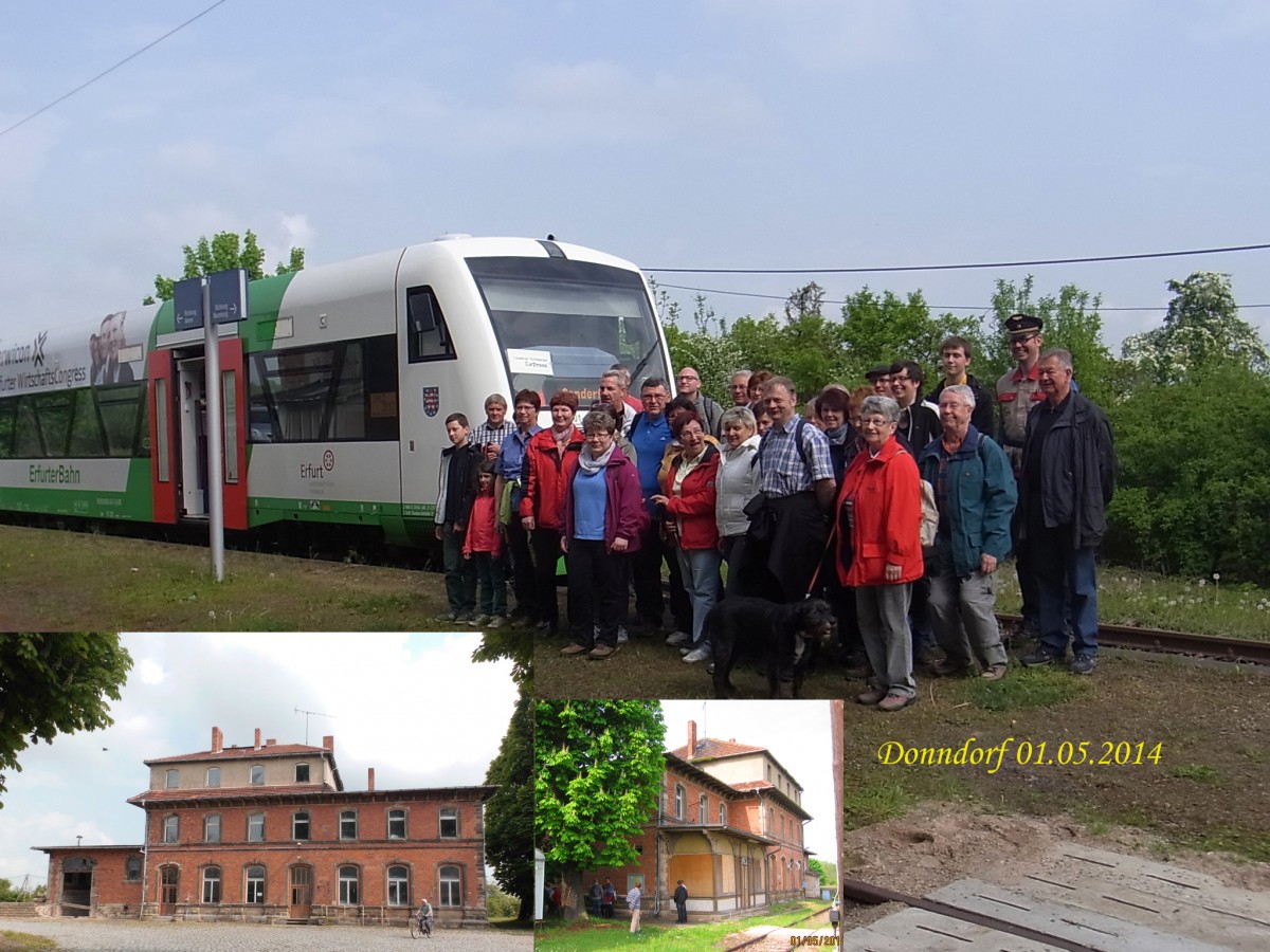 Fotocollage mit den Reisenden im 7.  Unstrut-Schrecke-Express  und dem EB VT 001, am 01.05.2014 in Donndorf. (Foto: Hans Grau)