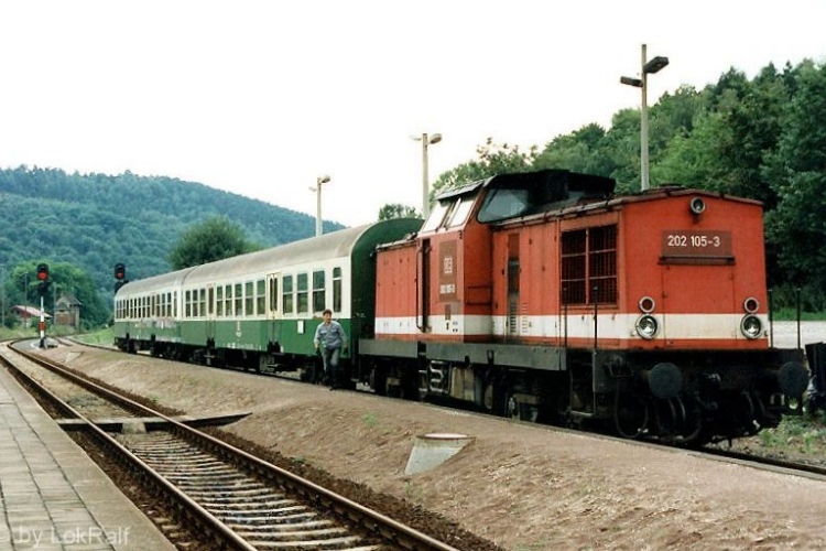 Im August 1996 steht die DB 202 105-3 mit einem Personenzug in Richtung Naumburg im Bahnhof von Nebra. (Foto: by LokRalf)