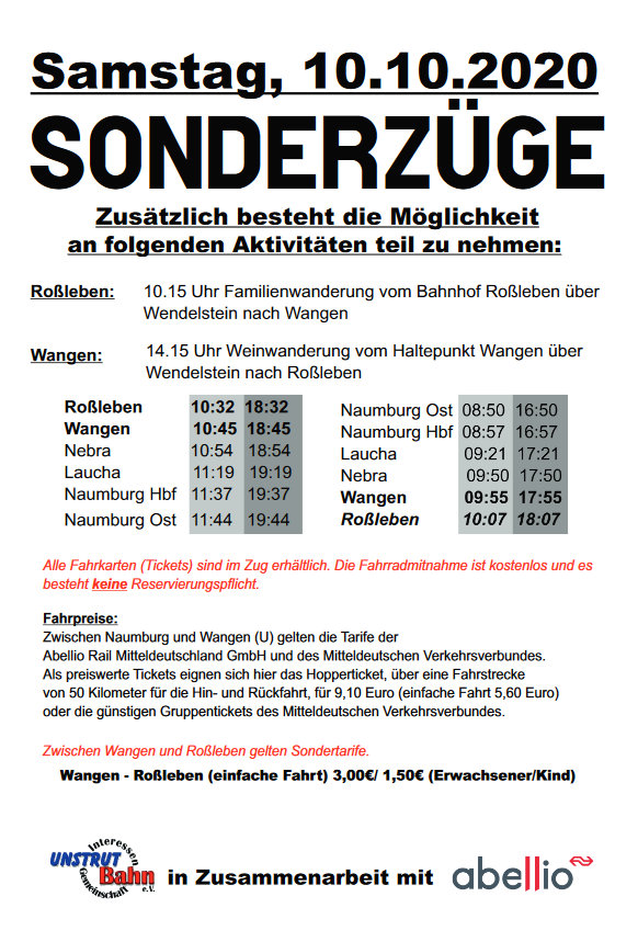 Infos zu den Sonderzügen nach Roßleben, am 10.10.2020 ab dem Naumburger Ostbahnhof.
