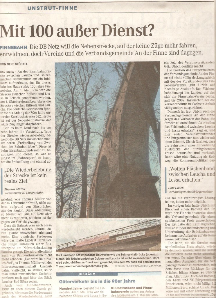  Mit 100 außer Dienst?  Artikel zum 100. Geburtstag der Finnebahn, erschienen am 24.01.2014 in der Mitteldeutschen Zeitung.