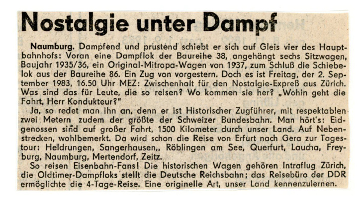 Regionaler Pressebericht über den Sonderzug vom 02.09.1983.
