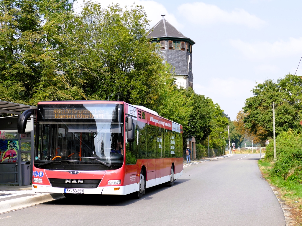 Schienenersatzverkehr fr Abellio zwischen Nebra und Wangen (Unstrut). Schnbrodt Busverkehr GmbH MAN Lions City SB 657 als SEV nach Wangen (Unstrut), am 19.09.2024 am Bahnhof Nebra.