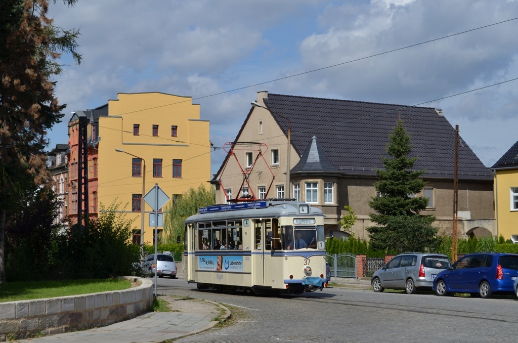 Tw 37 als Linie 4 zur Vogelwiese, am 19.08.2014 in der Poststrae. (Foto: Traugott Wembske)