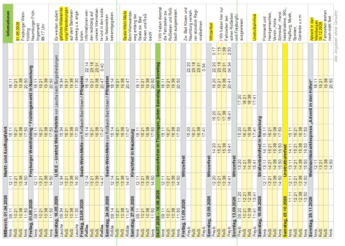 Übersicht der geplanten Sonderfahrten der IG Unstrutbahn e.V. 2026.