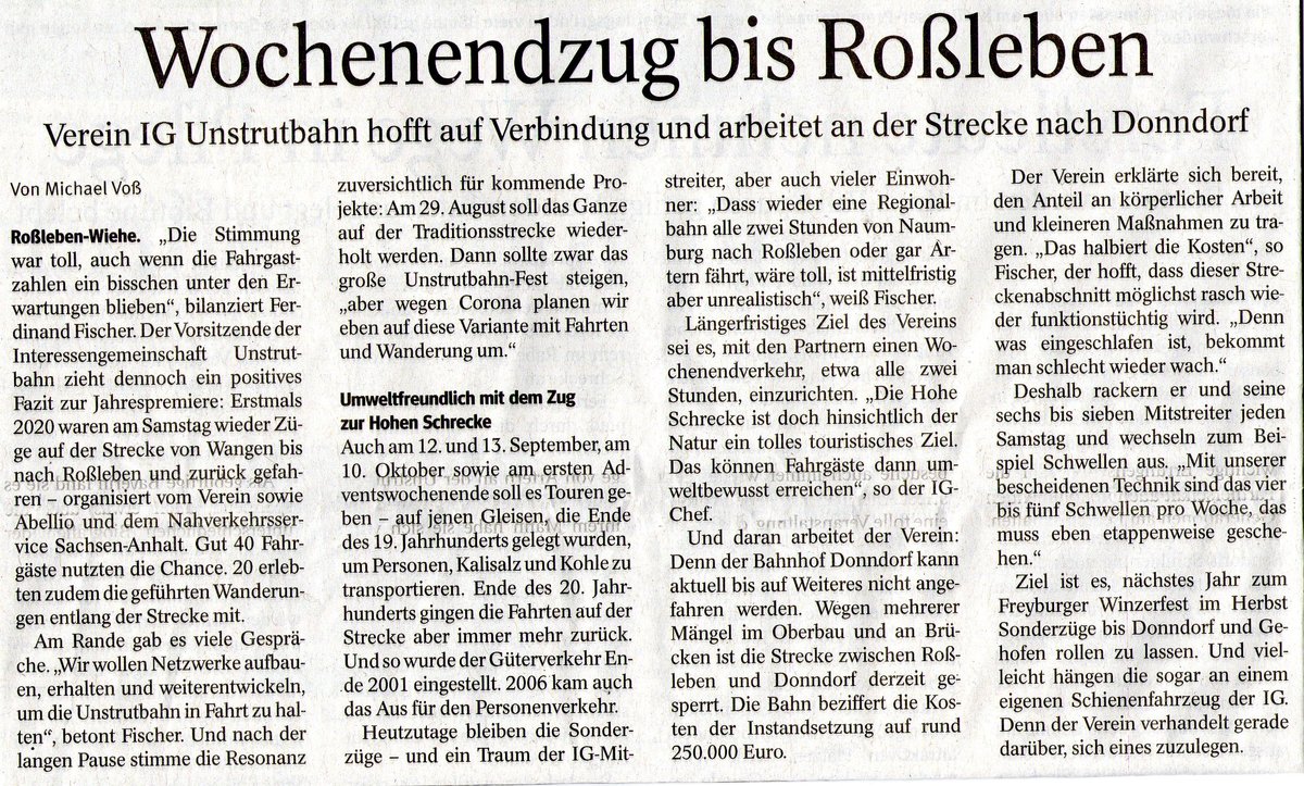 Wochenendzug bis Roßleben  aus der Thüringer Allgemeinen Artern, vom 02.07.2020.