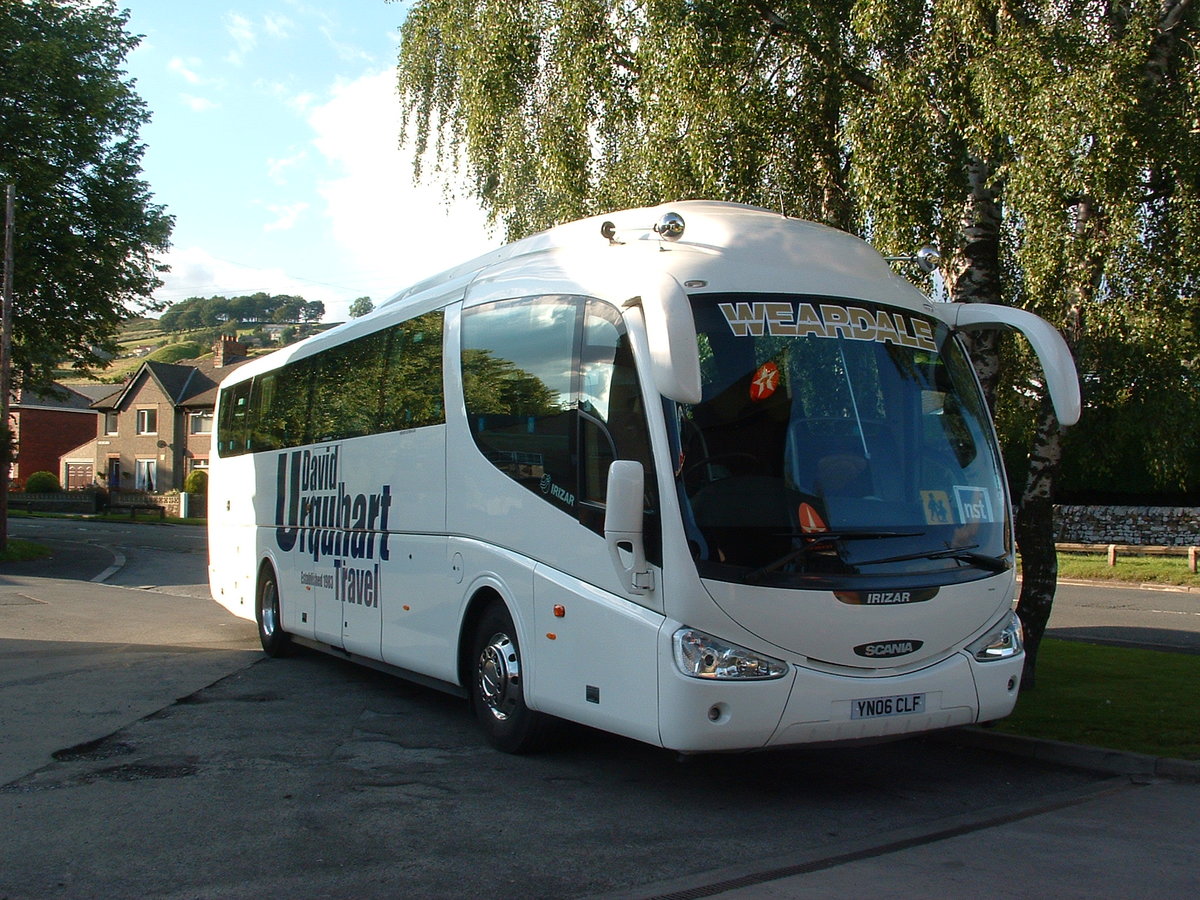 YN06 CLF
2006 Scania K114
Irizar C49Ft
New to Scania, Worksop, England, as a demonstrator.  Seen operating with Weardale Motor Services, Stanhope, County Durham in David Urquart Holidays livery.

Photo taken at their depot at Stanhope, County Durham, England on 8th July 2007.