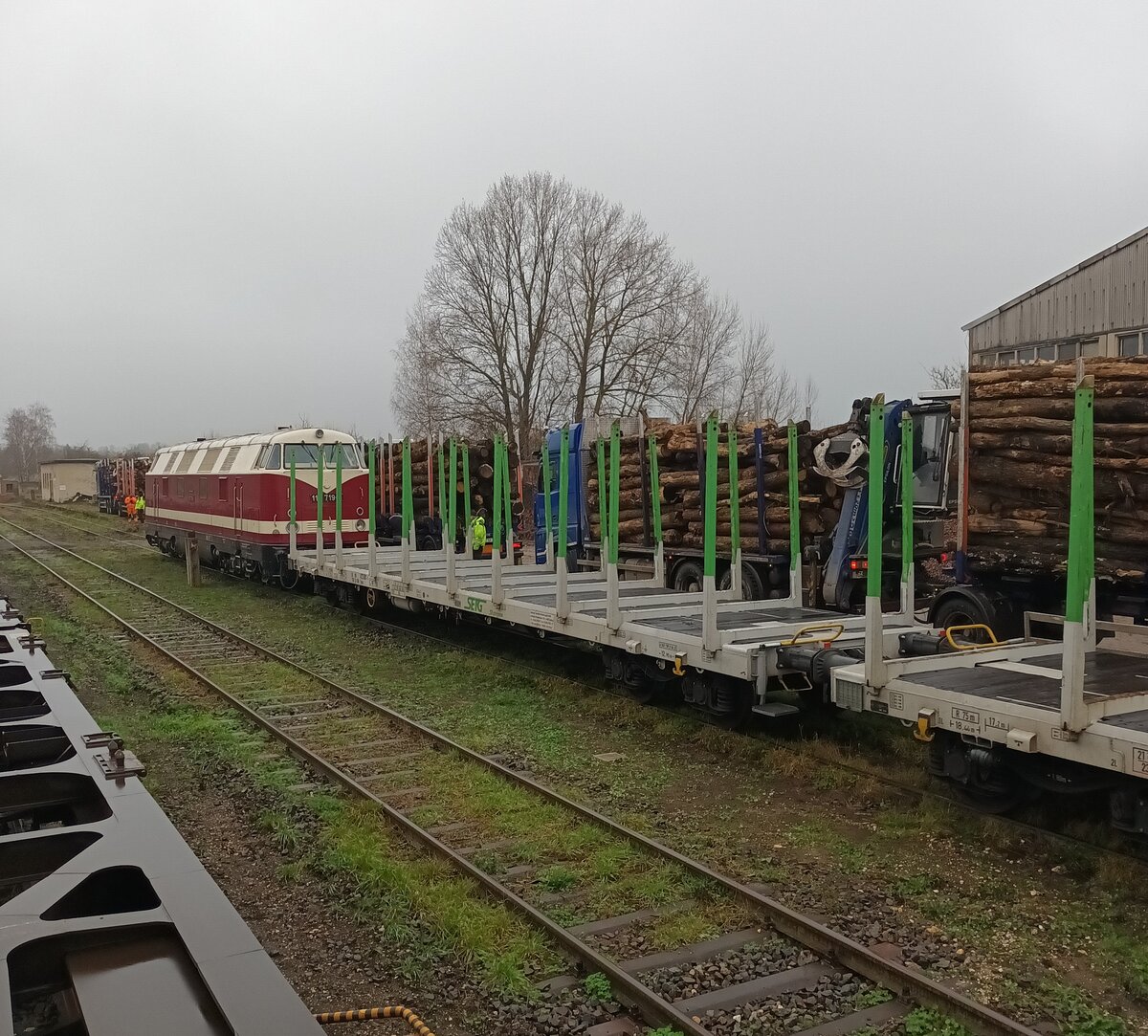 Zum ersten Mal seit 2013 fand am 09. und 10.12.2024 wieder eine Holzverladung im Bahnhof Querfurt statt. Dafr wurden die Gleise 7 und 8 reaktiviert. Insgesamt wurden an 2 Tagen 28 Waggons mit Holz aus dem Ziegelrodaer Forst verladen, welche als Ganzzug nach Schweden gingen.
Ausfhrendes EVU war die PRESS mit ihrer 118 719-4; 09.12.2024. (Foto: https://saaleunstrutbahn.de)