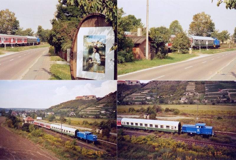 Anreihung mehrerer Bilder des Sonderzuges vom Eisenbahnmuseum in Leipzig, der am Winzerfestsamstag auf der Unstrutbahn unterwegs war; 10.09.2005 (Foto: Günther Göbel)