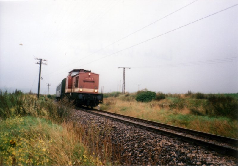 DB 201 393-6 mit einem Personenzug Richtung Nebra zwischen Laucha und Kirchscheidungen; September 1994 (Foto: Mario Fliege)