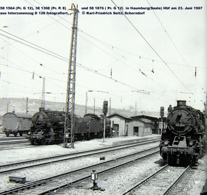 DR 58 1564 + 38 1308 + 58 1876 mit Blick auf Bahnsteig 3, in Naumburg (Saale) Hbf; 23.06.1967 (Foto: Karl-Friedrich Seitz)