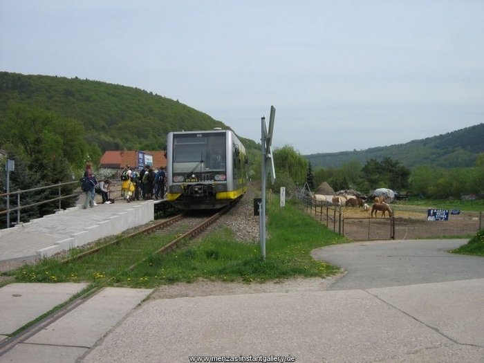 Ein VT 672 der Burgenlandbahn kurz vor der Abfahrt nach Naumburg Ost am Hp Wangen, unterhalb der Arche Nebra; 26.04.2009 (Foto: Thomas Menzel)