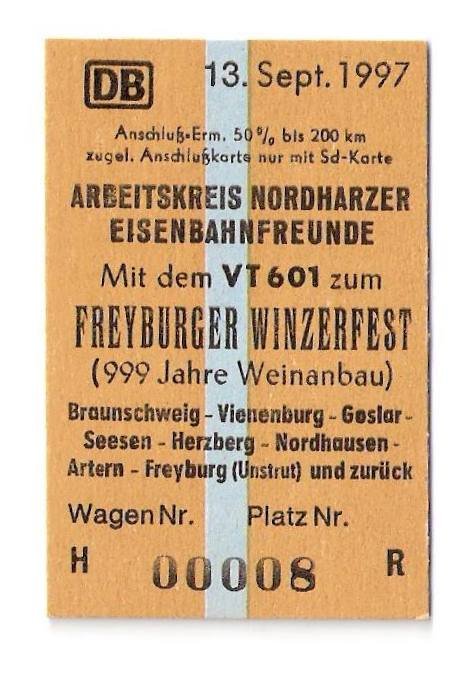 Fahrkarte für die Sonderfahrt mit dem TEE von Braunschweig nach Freyburg am 13.09.1997
