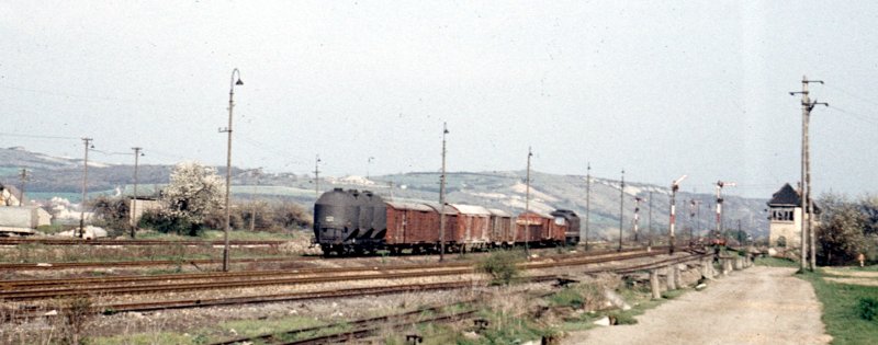 Im Mai 1980 wartet ein Nahgüterzug in Laucha (Gleis 5) auf die Überholung durch einen Personenzug in Richtung Naumburg. Die alten Bahnhofslampen und alle Formsignale (zum Stellwerk Lo gehörend) sind noch vorhanden.