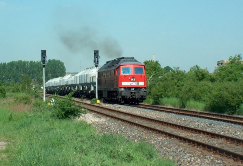 MEG 317 mit dem DGS 94624 von Karsdorf nach Rostock, am 13.05.2008 bei der Aufahrt in Laucha.

