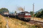 Im Jahr 1981 fotografierte Detlef Beck diese DR 132 mit einem Kesselwagenzug Richtung Artern im Bahnhof Nebra. Bild mit KI bearbeitet.