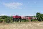 Die 112 481-7 von MaS Bahnconsult �berf�hrte am 10.08.2026 auf der Unstrutbahn bei Ro�bach die E-Loks 111 217, 111 091, 111 062 und 111 201 von Karsdorf nach Dessau. (Foto: Wolfgang Krolop)