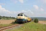 Train4Train 218 003-2 mit einem Funkmesswagen und der Traktion4Rent 216 224-6 als Messfahrt von Nebra Richtung Naumburg (S), am 15.08.2024 in Kleinjena.