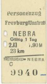 Eine Fahrkarte von Freyburg nach Nebra aus dem Jahr 1985; (Sammlung: Mario Fliege)