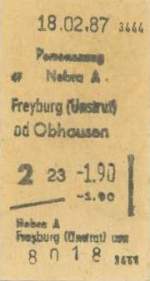 fahrkarten/43007/eine-fahrkarte-von-nebra-nach-freyburg Eine Fahrkarte von Nebra nach Freyburg oder Obhausen vom 18.02.1987 (Sammlung: Mario Fliege)