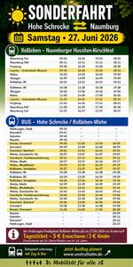 Am 27.06.2026 hat die IG Unstrutbahn e.V. zwei Sonderfahrten auf der Unstrutbahn zwischen Ro�leben in Th�ringen und Naumburg (S) in Sachsen-Anhalt organisiert.
Zum einen, unter dem Motto  Raus ins Gr�ne , eine Erlebnissonderfahrt in die Hohe Schrecke und zum anderen die M�glichkeit ab Heldrungen per Bus bis Ro�leben und dann per Zug
weiter nach Naumburg (Saale) zum Hussiten-Kirschfest zu fahren. https://www.unstrutbahn.de/#zug
