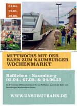 Am 01.03.2025 wurde erfreulicherweise der Zugverkehr auf der Unstrutbahn nach Beendigung der umfangreichen Bauarbeiten wieder aufgenommen. Mit dem neuen Betreiber  Start Mitteldeutschland  mchte die IG Unstrutbahn e.V. deshalb auch 2025 wieder zahlreiche Sonderfahrten realisieren. Es wird dieses Jahr erstmals einen  Markt-Express  geben, mit es mglich ist ab dem thringischen Roleben mit dem Zug ber die Unstrutbahn zum Wochenmarkt nach Naumburg (Saale) zu fahren. https://naumburger-maerkte.de/maerkte.html. Er verkehrt jeweils Mittwoch den 02.04., 07.05. und 04.06.2025. Die Fahrzeiten und die bersicht aller weiteren 2025 geplanten Fahrten gibt es hier: https://www.unstrutbahn.de/#zug

Zum Einsatz kommen Triebwagen der BR 1648 von Start Mitteldeutschland, die an den Tagen ab Wangen (Unstrut) als RB bis nach Roleben in Thringen verlngert werden.