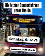 Am 01.12.2024 finden die letzten von der IG Unstrutbahn e.V. organisierten Sonderfahrten in Kooperation mit Abellio Rail Mitteldeutschland statt. Ab dem Bahnhof Roleben in Thringen gehts zu  Naumburg im Advent  nach Naumburg (Saale).
Da schon seit Oktober wegen defekter Schwellen kein Personenverkehr auf der Unstrutbahn stattfindet, werden auch die Sonderfahrten am 01.12.2024 mit einem Bus im Schienenersatzverkehr stattfinden. Abellio wird als EVU ab dem Fahrplanwechsel im Dezember nicht mehr auf der RB-Linie 77 zwischen Naumburg (Saale) und Wangen (Unstrut) verkehren. Infos zu den Sonderfahrten gibts unter: https://www.unstrutbahn.de/#zug