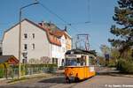 Tw 38 der Naumburger Straßenbahn als Linie 4 zum Hauptbahnhof, am 06.04.2024 in der Poststraße in Naumburg (Saale). (Foto: Dennis Stemme)