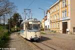 Tw 37 der Naumburger Straßenbahn als Linie 4 vom Hauptbahnhof zum Salztor, am 06.04.2024 in der Poststraße in Naumburg (S). (Foto: Dennis Stemme) 