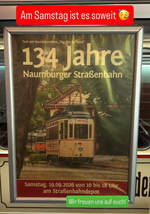 Am 19.09.2026 feiert die Naumburger Stra�enbahn am Depot ihren 134. Geburtstag mit einem kleinen Stra�enbahnfest. Wir gratulieren schonmal herzlich. https://naumburger-strassenbahn.de/fest-134-jahre-naumburger-strassenbahn/