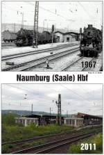 Vergleichsbild von den den heutigen modernisierten Bahnsteig 2 und 3 und den unmodernisierten Bahnsteig 4 und 5 der Burgenlandbahn und der Verstärkerzüge nach und aus Halle in Naumburg Hbf.