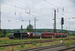 Am Nachmittag des 16.06.2023 zog die 202 738-1 der EBS Erfurter Bahnservice GmbH in Naumburg (S) Hbf die EBS 187 420 und die FWK Loks 155 195,143 056, 143 124 als Lokzug nach Karsdorf.