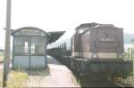 dieselloks/8911/db-201-604-6-mit-einem-gueterzug DB 201 604-6 mit einem Güterzug im Bf Laucha (Unstrut); 01.07.1994 (Foto: Günther Göbel)