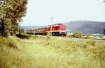 Mit einem Personenzug nach Artern war vermutlich im Jahr 1981/82 diese 112er mit wei�en Pufferringen zusammen mit einer weiteren V100 auf der Unstrutbahn in Kleinwangen unterwegs.