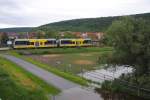 Am 02.06.2013 stehen Burgenlandbahn 672 908 + 672 911 als RB 34873 nach Naumburg Ost abfahrbereit am Hp Wangen.