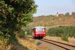 Am 25.08.2018 war das EBS Ferkeltaxi 772 345-4 auf der Unstrutbahn bei Freyburg (U) von Karsdorf zu den Eisenbahnfreunde Gro�heringen unterwegs.