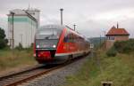 DB 642 724 + 642 195 als RB 34885 von Nebra nach Naumburg Ost, am 14.09.2014 bei der Ausfahrt aus dem ehemaligen Bahnhof Vitzenburg.