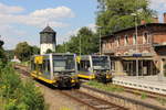 Burgenlandbahn 672 906 als RB 26881 nach Naumburg Ost und 672 914 als RB 26878 nach Wangen, am 07.08.2017 bei der Zugkreuzung in Nebra.