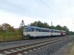 Wisentatalbahn VS 998 01 + VT 798 01 + VT 798 813 als DPE 25141  Sonderzug Hohe Schrecke  von Donndorf (U) nach Erfurt Pbf, am 07.09.2018 in Stotternheim.