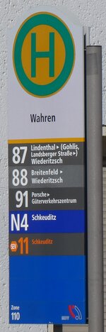 (264'519) - Leipziger Verkehrsbetriebe-Haltestellenschild - Leipzig, Wahren - am 9. Juli 2024