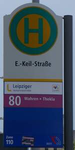 (264'695) - Leipziger Verkehrsbetriebe-Haltestellenschild - Leipzig, E.-Keil-Strasse - am 11. Juli 2024