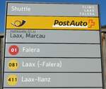 (167'984) - PostAuto-Haltestellenschild - Laax, Marcau - am 26.