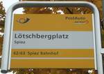 (130'307) - PostAuto-Haltestellenschild - Spiez, Ltschbergplatz - am 11.