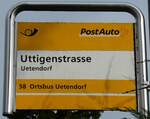 (280'817) - PostAuto-Haltestellenschild - Uetendorf, Uttigenstrasse - am 28. September 2025