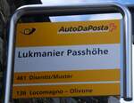 (264'292) - PostAuto-Haltestellenschild - Lukmanier, Passhhe - am 2. Juli 2024