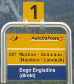 (170'921) - PostAuto-Haltestellenschild - Scuol-Tarasp, Bahnhof - am 16.