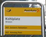 (169'445) - PostAuto-Haltestellenschild - Bristen, Kohlplatz - am 25.