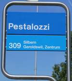 (264'866) - ZVV-Haltestellenschild - Dietikon, Pestalozzi - am 18. Juli 2024